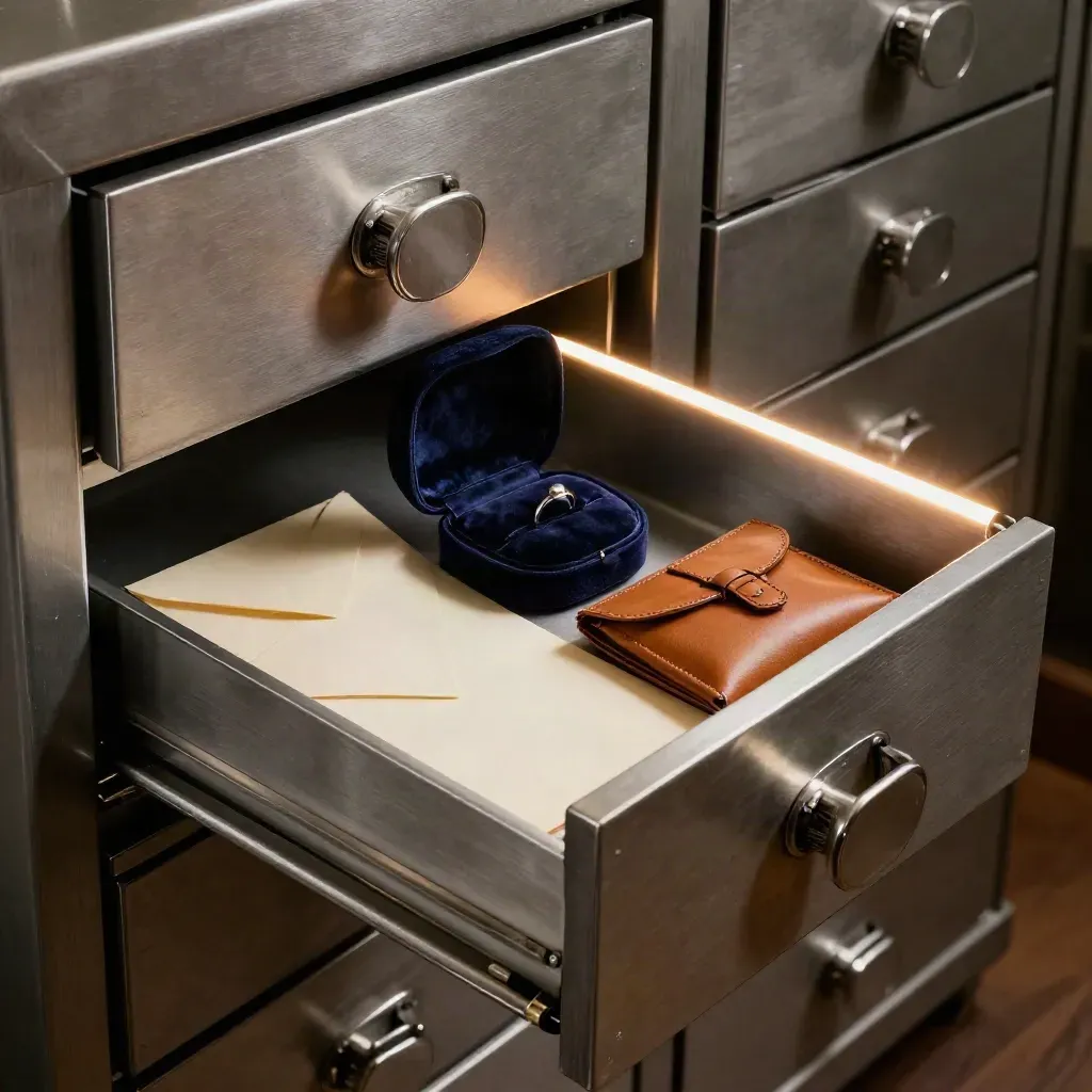 Open safe deposit drawer with ring case, document envelope, and leather parcel in a vault aisle.