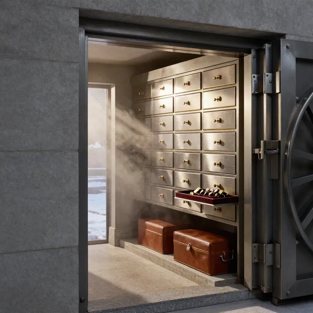 Vault antechamber with drawers, jewelry tray, archive boxes, and dawn light