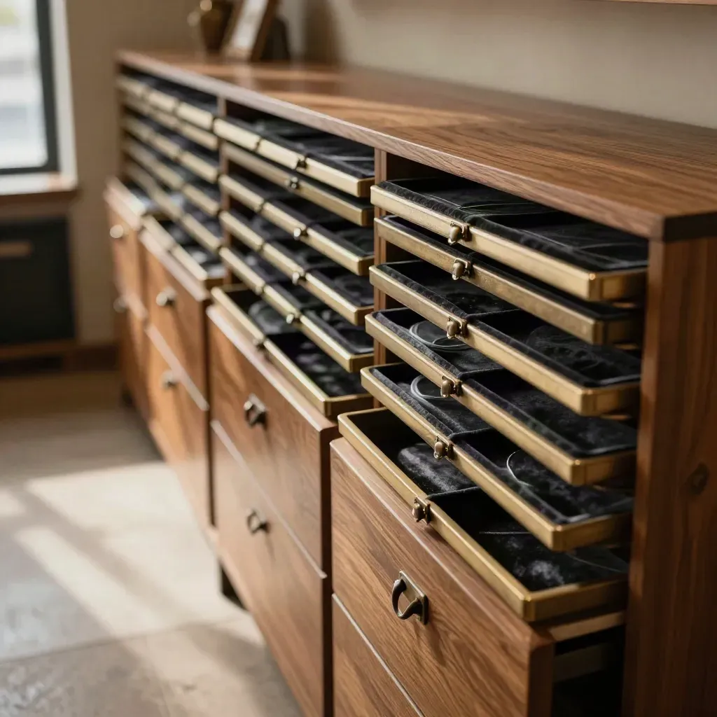 Velvet jewelry trays lined up in a secure off-site drawer wall, seen down a quiet aisle.