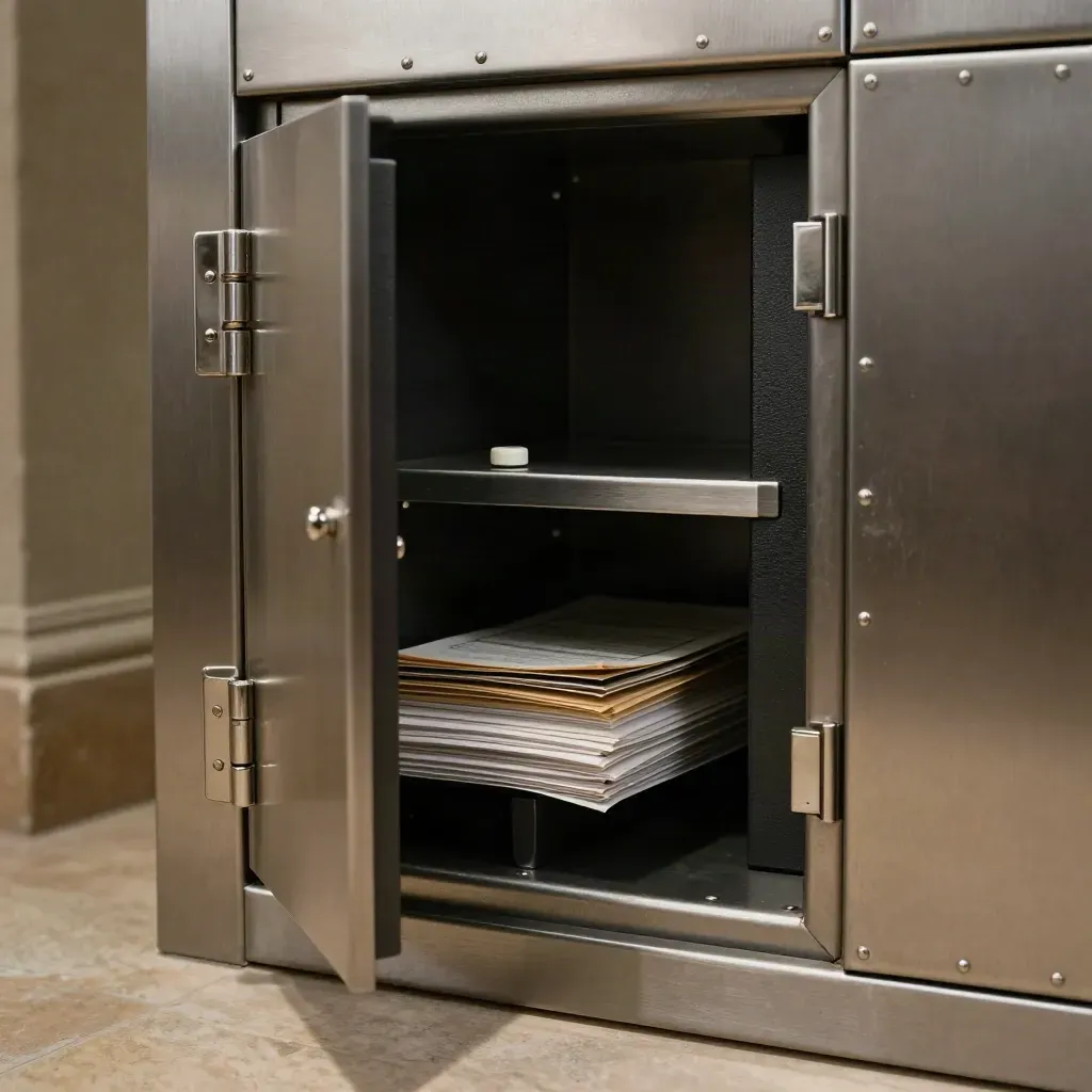 Open climate locker with bundles, humidity puck, and brushed steel doors in soft daylight.