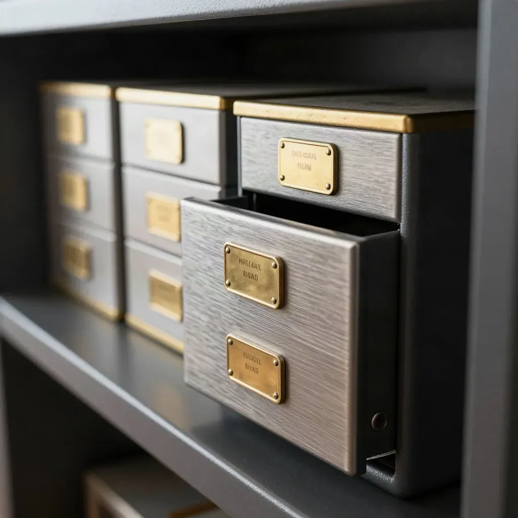 Bullion drawers and brass inventory tags beside a compact safe case on a dark vault shelf.