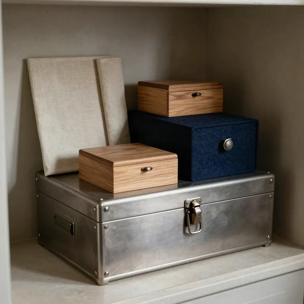 Keepsake boxes, linen sleeves, and a lockable chest grouped inside a private vault bay.