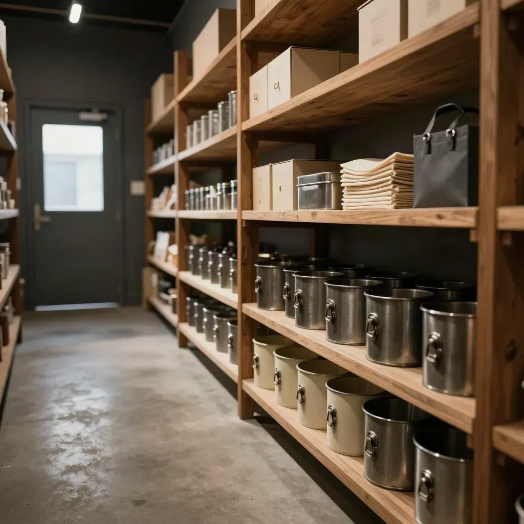 Empty backroom shelf with lockable storage cases, clear aisle, and warm raking light.