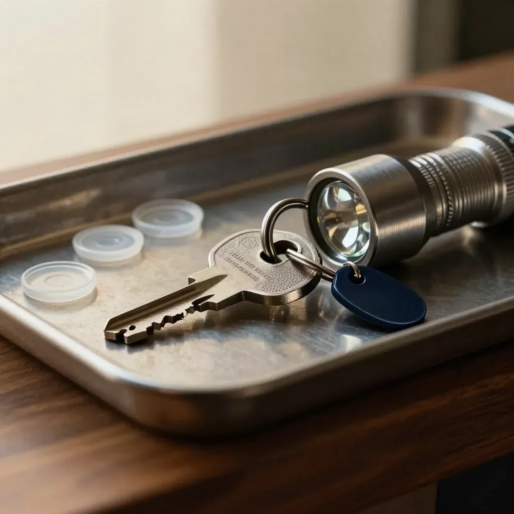 Macro of a vault key ring, lock core, flashlight and tamper seals on brushed metal