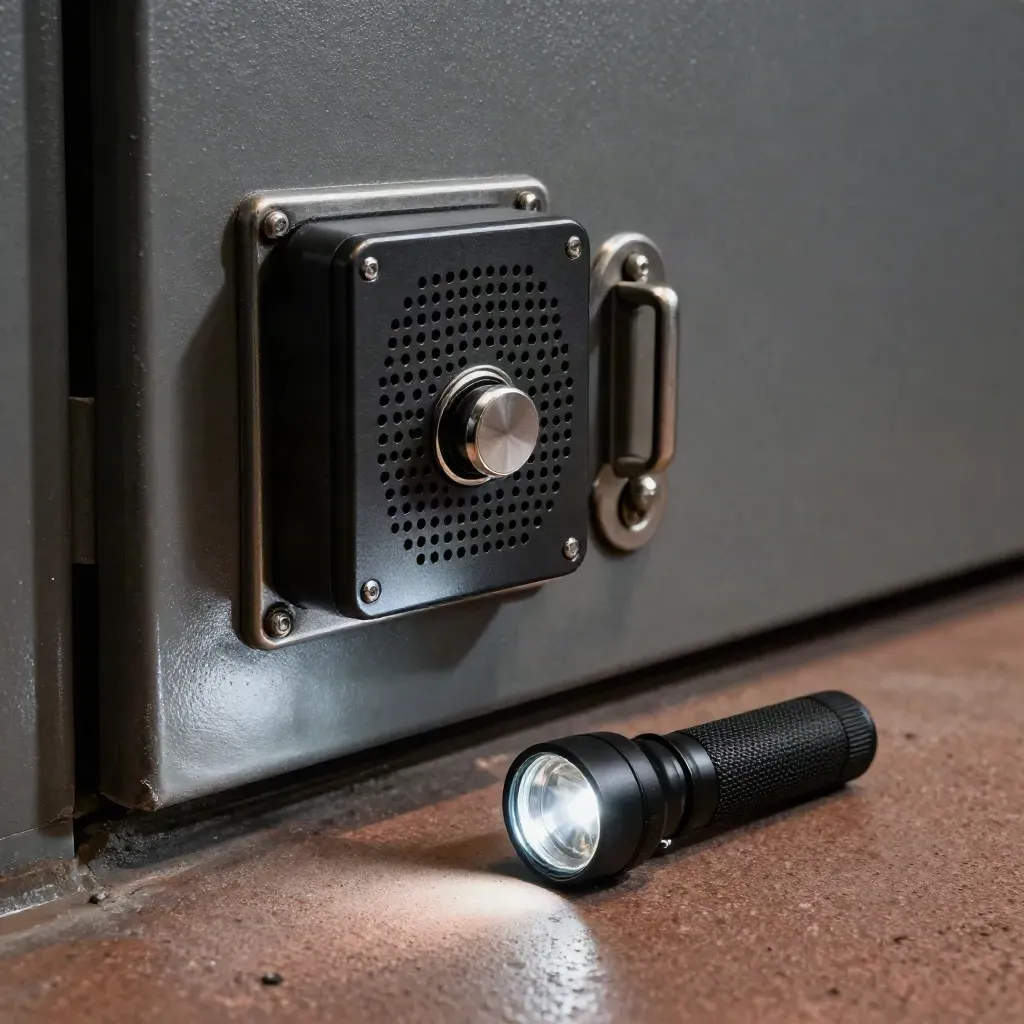 Vault intercom, alarm key switch, steel latch and torch on dark concrete