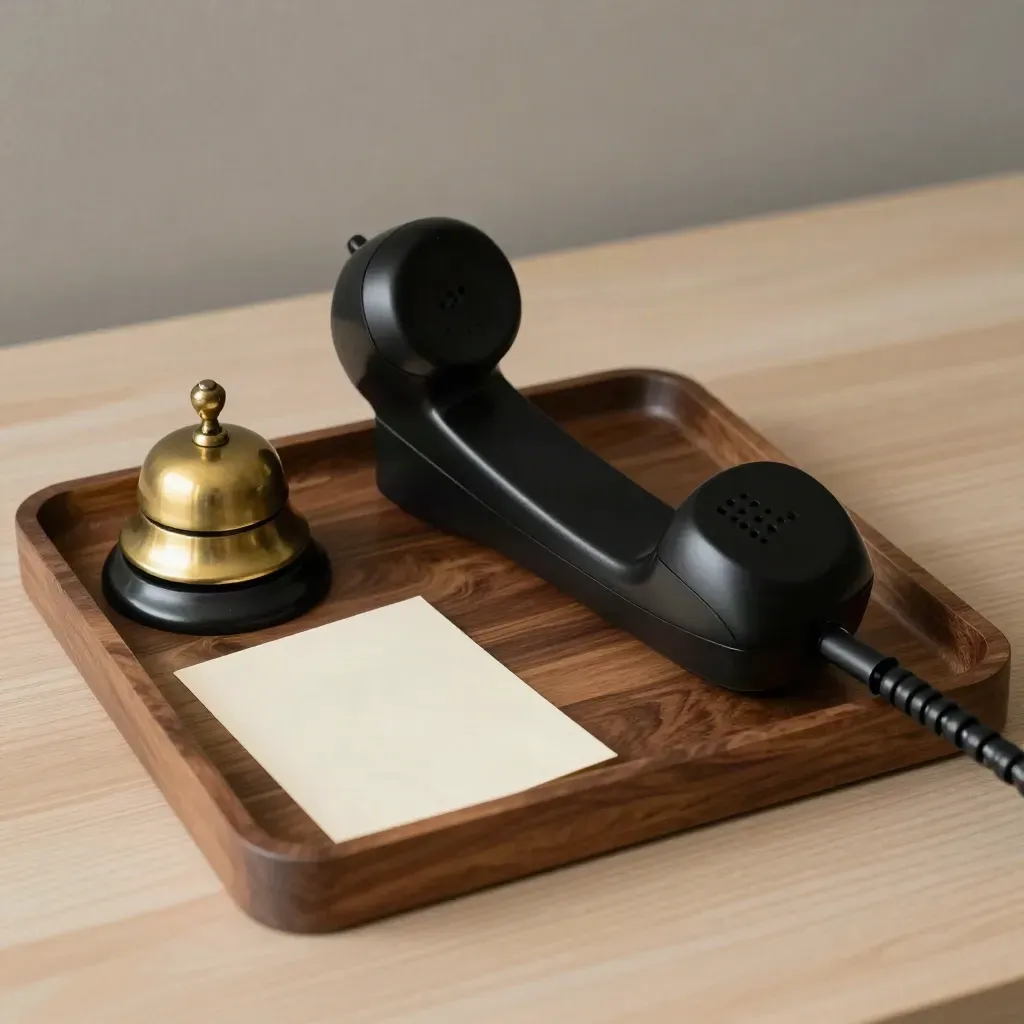 Black phone handset with brass bell and card in a walnut tray on pale wood.