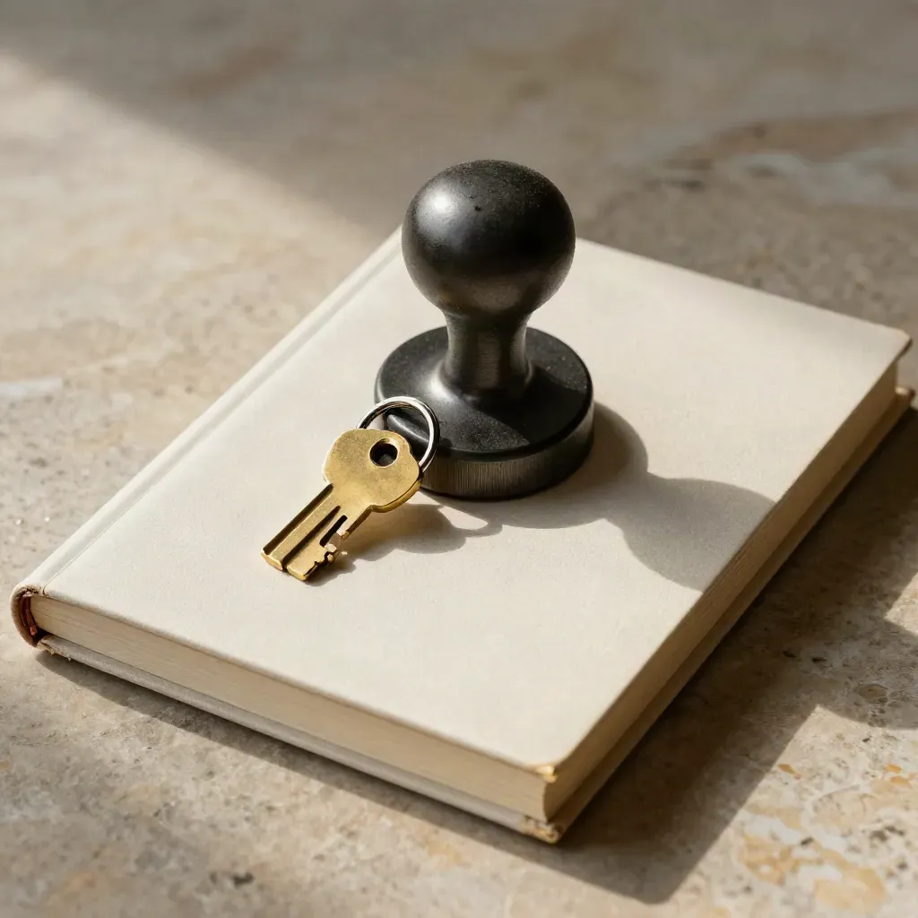 Overhead still life of a tamper seal, brass key tag ring, lock cylinder, and closed ledger on limestone.