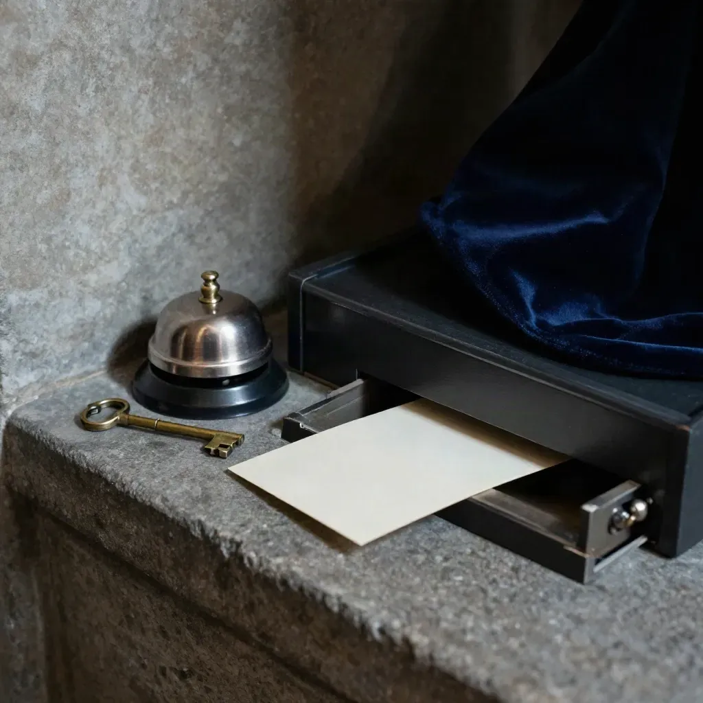 Brass vault key in navy velvet sleeve beside a bell and open drawer slot on stone.