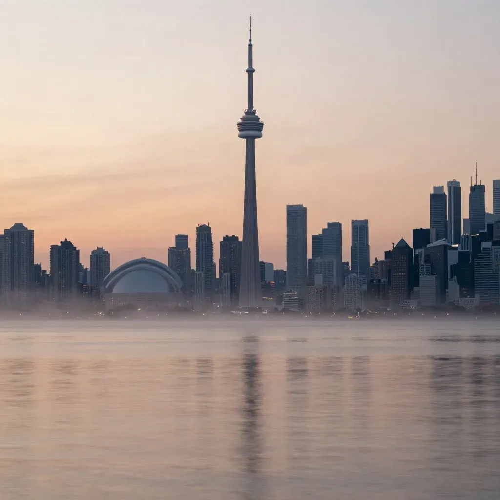 Toronto skyline and CN Tower over calm lake haze at dawn