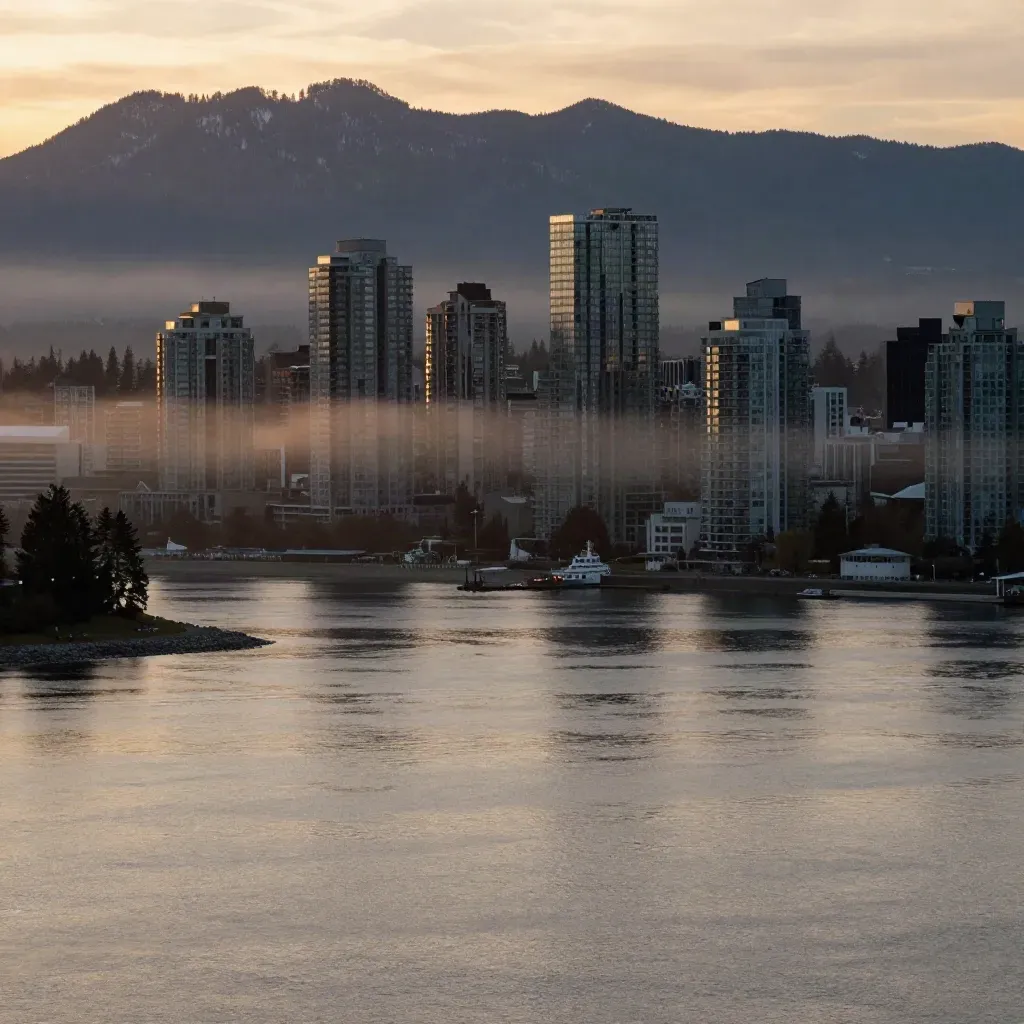 Vancouver skyline and North Shore mountains in warm sunset haze over calm inlet water
