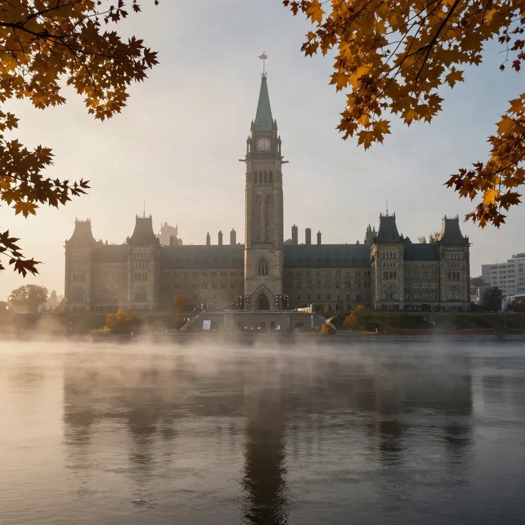 Parliament Hill above the Ottawa River in autumn mist, sun lifting fog over calm water